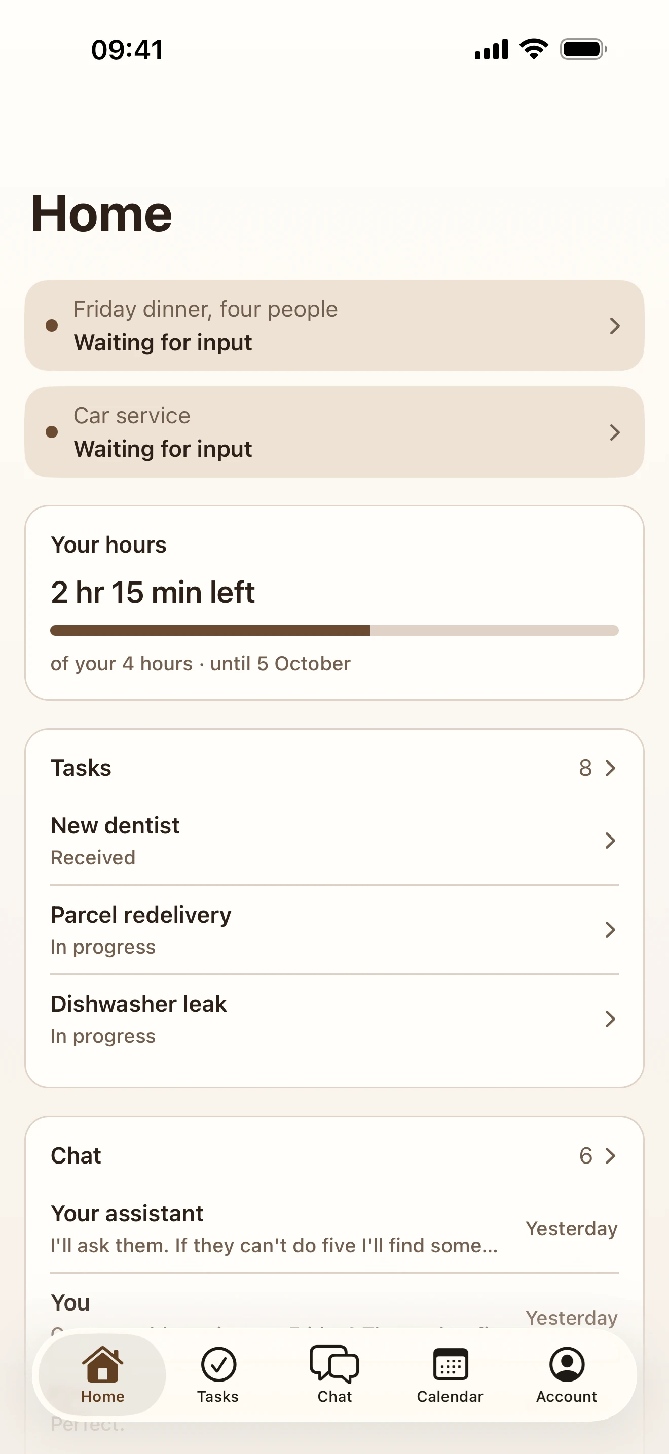 The Home screen in the byCordo app, showing two tasks waiting for input, a card reading 2 hr 15 min left of your 4 hours, a list of eight tasks, and the latest chat messages.
