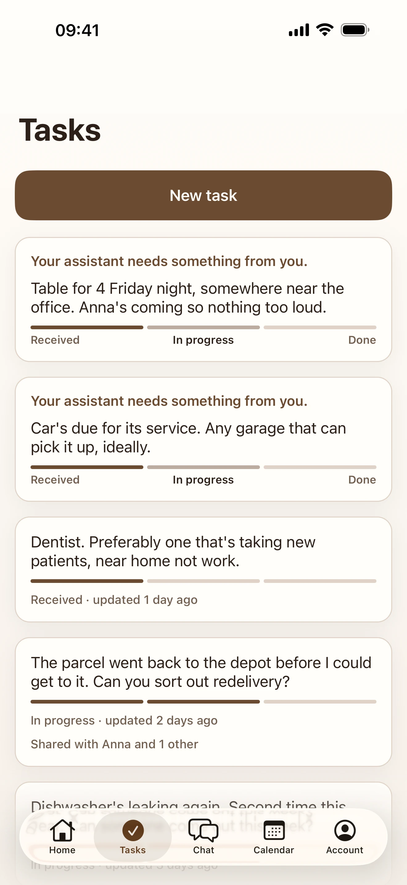 The Tasks screen in the byCordo app, showing a New task button and a list of open tasks: a table for four on Friday night, a car service, a new dentist, and a parcel redelivery, each with a progress bar from received to done.