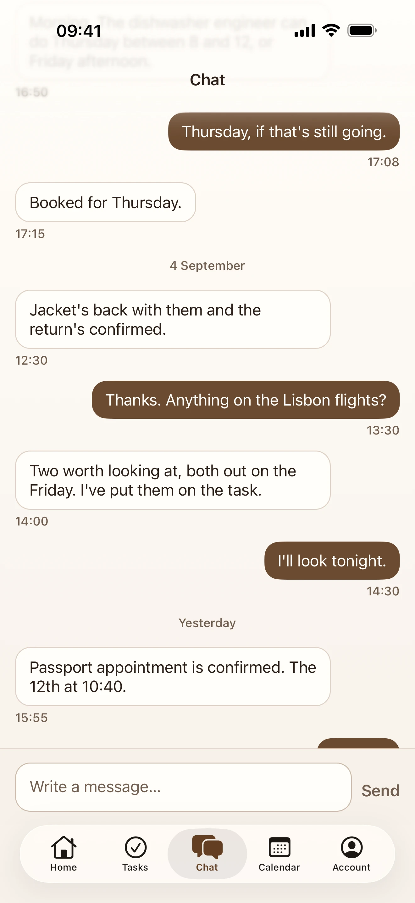 The Chat screen in the byCordo app, showing an assistant confirming a booking, reporting two flight options, and confirming a passport appointment, with the client replying in between.