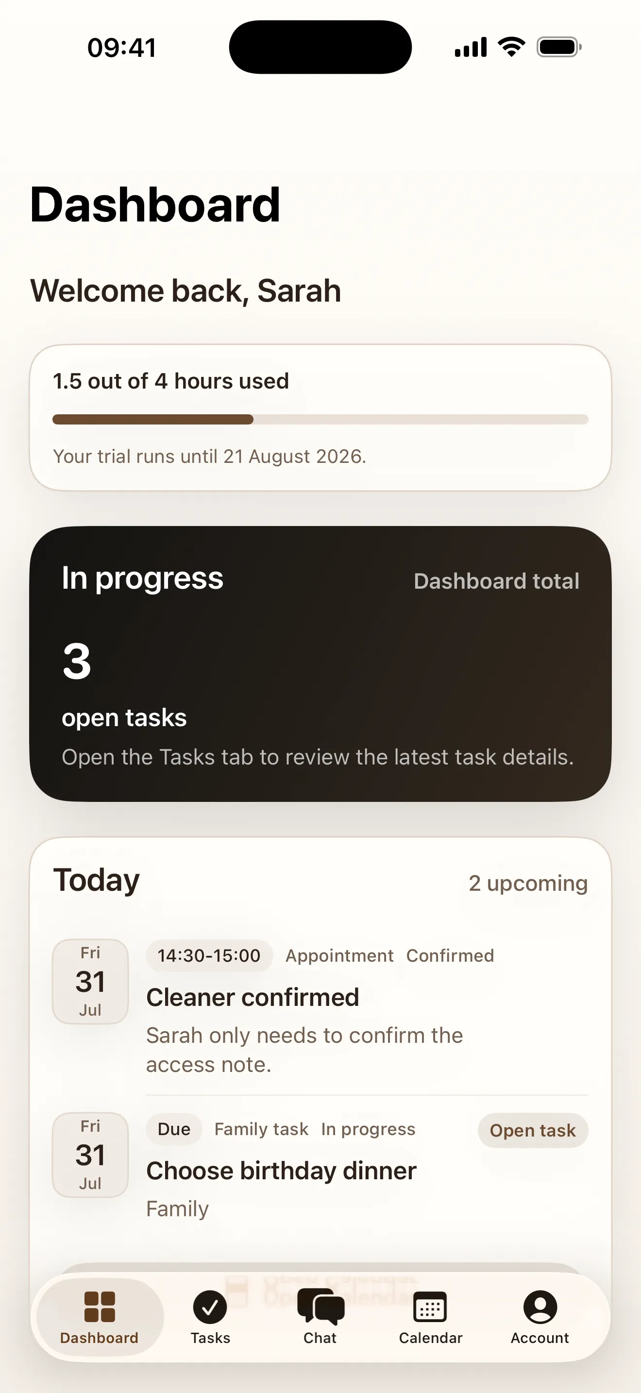 The Dashboard screen in the byCordo app, showing a progress bar reading 1.5 out of 4 hours used, a card with three open tasks, and today's confirmed cleaner appointment.
