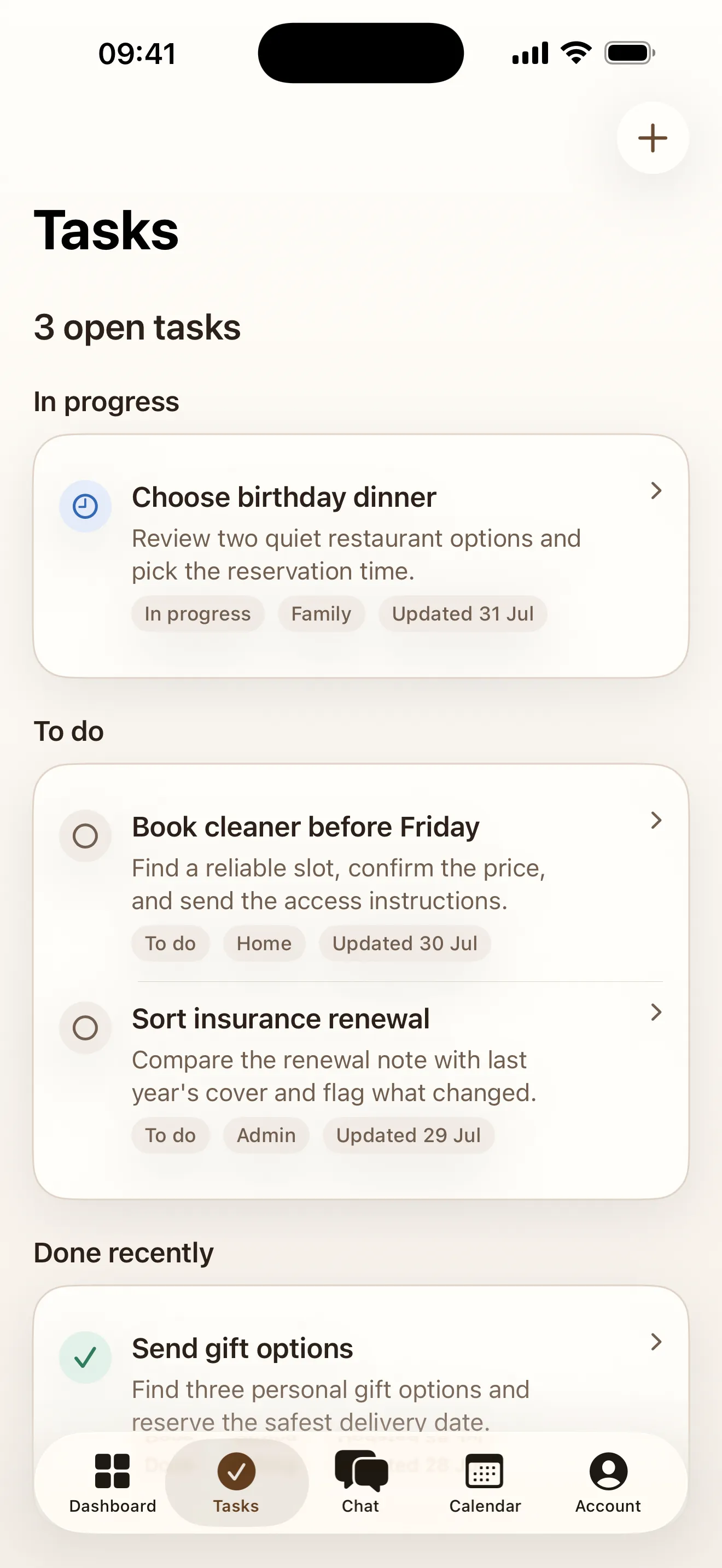 The Tasks screen in the byCordo app, showing three open tasks: choose a birthday dinner, book a cleaner before Friday, and sort an insurance renewal, each with a status and the date it was last updated.