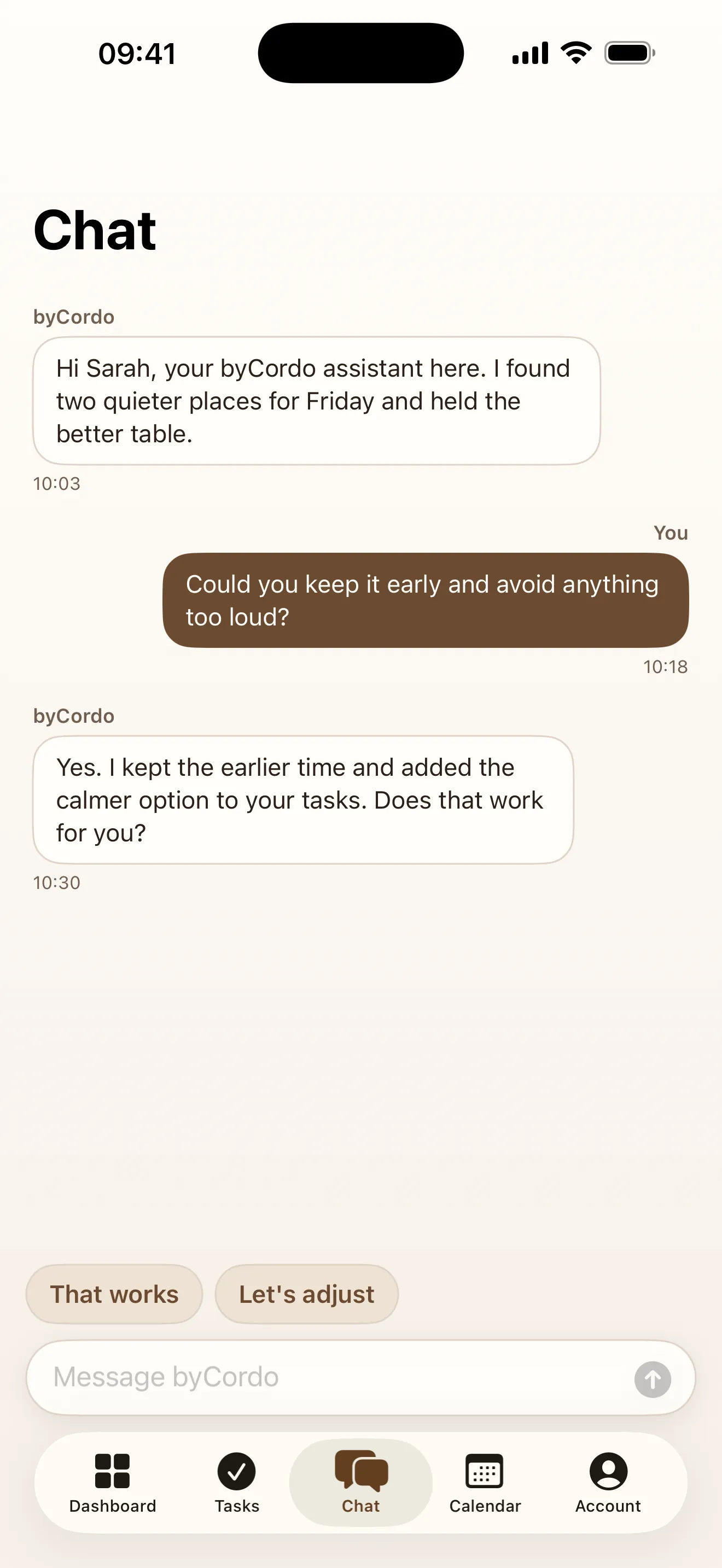 The Chat screen in the byCordo app, showing an assistant reporting that two quieter restaurants were found and the better table was held, and the client asking to keep the booking early.